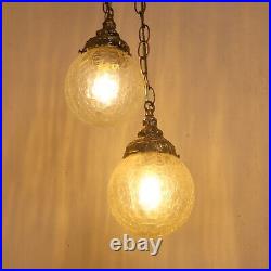 Vintage Hanging Twin Crackled Glass Globe Brass Hanging Swag Lamp Light Fixture