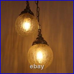 Vintage Hanging Twin Crackled Glass Globe Brass Hanging Swag Lamp Light Fixture