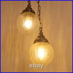 Vintage Hanging Twin Crackled Glass Globe Brass Hanging Swag Lamp Light Fixture