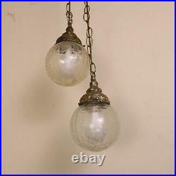Vintage Hanging Twin Crackled Glass Globe Brass Hanging Swag Lamp Light Fixture