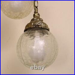 Vintage Hanging Twin Crackled Glass Globe Brass Hanging Swag Lamp Light Fixture