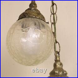 Vintage Hanging Twin Crackled Glass Globe Brass Hanging Swag Lamp Light Fixture