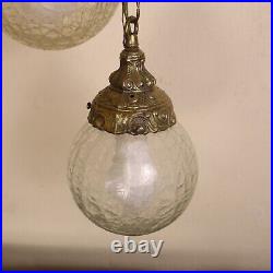 Vintage Hanging Twin Crackled Glass Globe Brass Hanging Swag Lamp Light Fixture