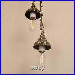 Vintage Hanging Twin Crackled Glass Globe Brass Hanging Swag Lamp Light Fixture