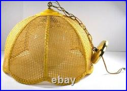 Vintage Hanging Yellow Swag Light/Lamp Wicker Rattan Shade Glass Globe 18