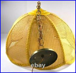 Vintage Hanging Yellow Swag Light/Lamp Wicker Rattan Shade Glass Globe 18