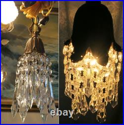 Vintage Hanging lily Brass bronze Ceiling w canopy lamp Chandelier crystal prism