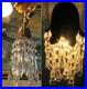 Vintage Hanging lily Brass bronze Ceiling w canopy lamp Chandelier crystal prism