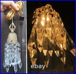 Vintage Hanging lily Brass bronze Ceiling w canopy lamp Chandelier crystal prism