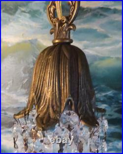 Vintage Hanging lily Brass bronze Ceiling w canopy lamp Chandelier crystal prism
