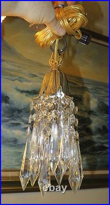 Vintage Hanging lily Brass bronze Ceiling w canopy lamp Chandelier crystal prism