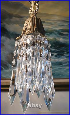 Vintage Hanging lily Brass bronze Ceiling w canopy lamp Chandelier crystal prism