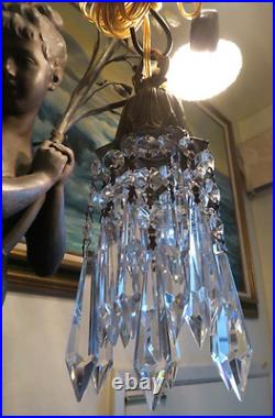 Vintage Hanging lily Brass bronze Ceiling w canopy lamp Chandelier crystal prism