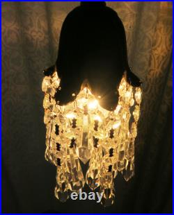 Vintage Hanging lily Brass bronze Ceiling w canopy lamp Chandelier crystal prism