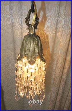 Vintage Hanging lily Brass bronze Ceiling w canopy lamp Chandelier crystal prism