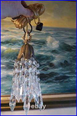 Vintage Hanging lily Brass bronze Ceiling w canopy lamp Chandelier crystal prism