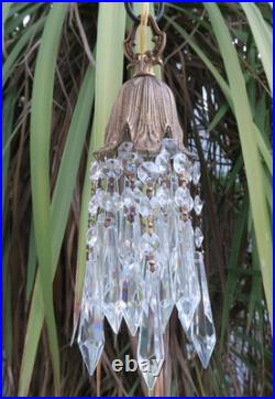 Vintage Hanging lily Brass bronze Ceiling w canopy lamp Chandelier crystal prism