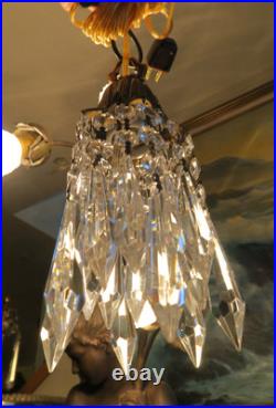 Vintage Hanging lily Brass bronze Ceiling w canopy lamp Chandelier crystal prism