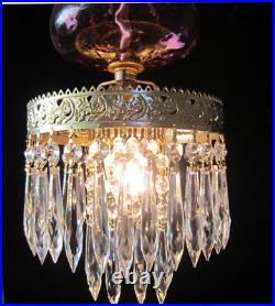 Vintage Hanging swag Lamp Chandelier Fenton Cranberry light crystal prisms Vintage Hanging swag Lamp Chandelier Fenton Cranberry light crystal prisms