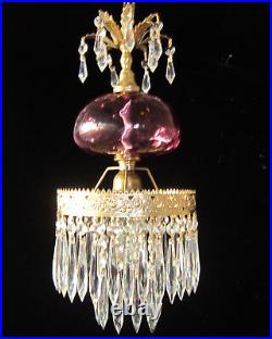 Vintage Hanging swag Lamp Chandelier Fenton Cranberry light crystal prisms