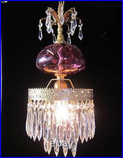Vintage Hanging swag Lamp Chandelier Fenton Cranberry light crystal prisms