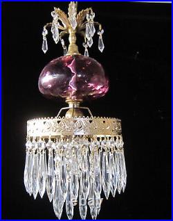 Vintage Hanging swag Lamp Chandelier Fenton Cranberry light crystal prisms