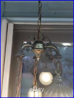 Vintage Hollywood Regency 3 Globe Swag Hanging Lamp Light Crackle Frosted Glass