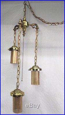 Vintage Hollywood Regency 3 Tier Amber Glass Swag Hanging Chain Lamp Brass