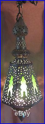 Vintage Hollywood Regency Brass French Hanging Swag Chandelier Green Lamp Light