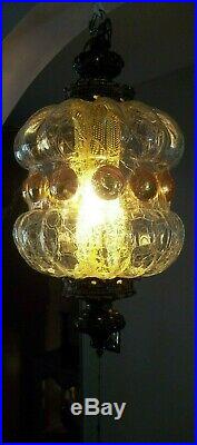 Vintage Hollywood Regency Clear Crackle/Gold Swag Glass Globe Hanging Lamp 22