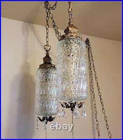 Vintage Hollywood Regency Clear Glass Cut Pattern Hanging Swag Lamps Pair