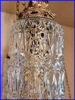 Vintage Hollywood Regency Clear Glass Cut Pattern Hanging Swag Lamps Pair