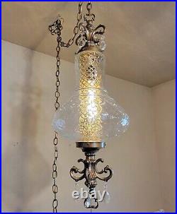 Vintage Hollywood Regency Clear Glass Hanging Swag Lamp Crystals and Diffuser
