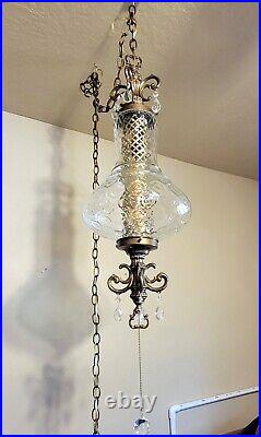 Vintage Hollywood Regency Clear Glass Hanging Swag Lamp Crystals and Diffuser