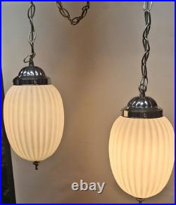 Vintage Hollywood Regency Double Swag Light Ceiling Fixture White Ribbed Glass