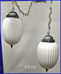 Vintage Hollywood Regency Double Swag Light Ceiling Fixture White Ribbed Glass