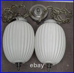 Vintage Hollywood Regency Double Swag Light Ceiling Fixture White Ribbed Glass