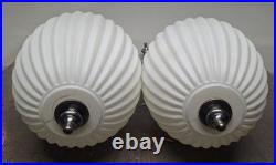 Vintage Hollywood Regency Double Swag Light Ceiling Fixture White Ribbed Glass