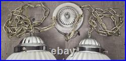 Vintage Hollywood Regency Double Swag Light Ceiling Fixture White Ribbed Glass