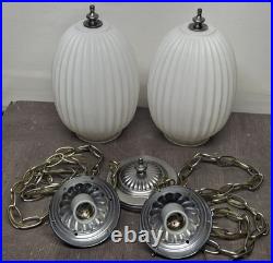 Vintage Hollywood Regency Double Swag Light Ceiling Fixture White Ribbed Glass