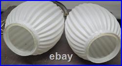 Vintage Hollywood Regency Double Swag Light Ceiling Fixture White Ribbed Glass