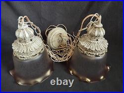 Vintage Hollywood Regency Double Swag Light With Vianne Pink Floral Etched Shades