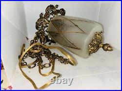 Vintage Hollywood Regency Glass Swag Hanging Lamp with Golden Accents MCM