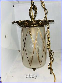 Vintage Hollywood Regency Glass Swag Hanging Lamp with Golden Accents MCM