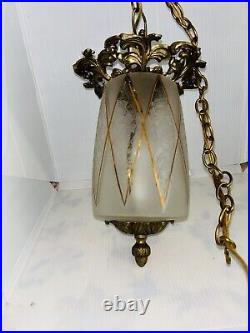 Vintage Hollywood Regency Glass Swag Hanging Lamp with Golden Accents MCM
