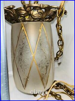 Vintage Hollywood Regency Glass Swag Hanging Lamp with Golden Accents MCM
