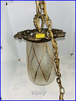 Vintage Hollywood Regency Glass Swag Hanging Lamp with Golden Accents MCM