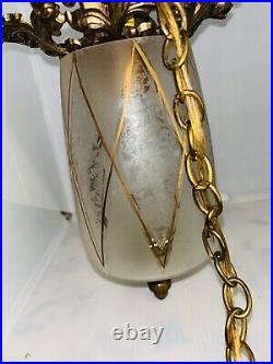 Vintage Hollywood Regency Glass Swag Hanging Lamp with Golden Accents MCM