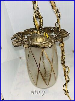 Vintage Hollywood Regency Glass Swag Hanging Lamp with Golden Accents MCM