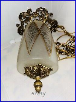 Vintage Hollywood Regency Glass Swag Hanging Lamp with Golden Accents MCM